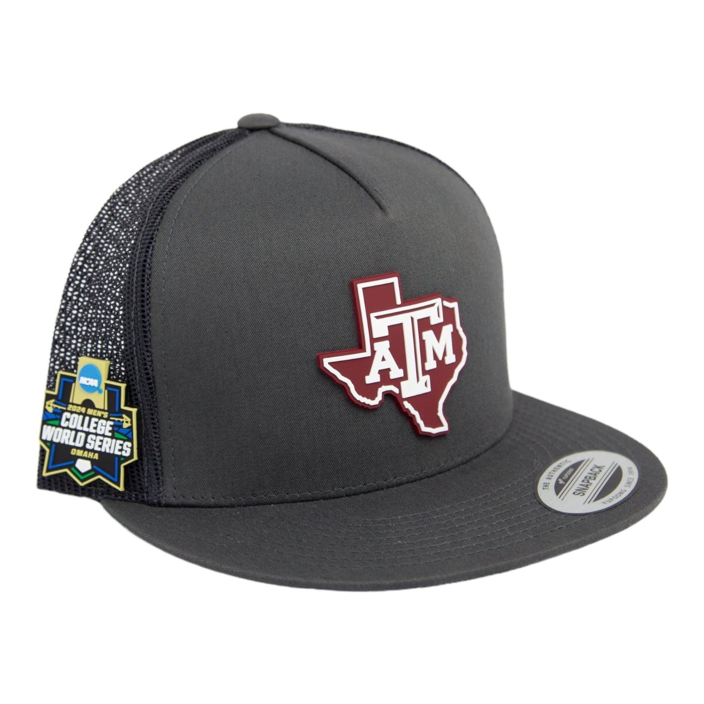 Texas A&M Aggies 2024 Men's College World Series 3D YP Snapback Flat Bill Trucker Hat- Charcoal/ Black