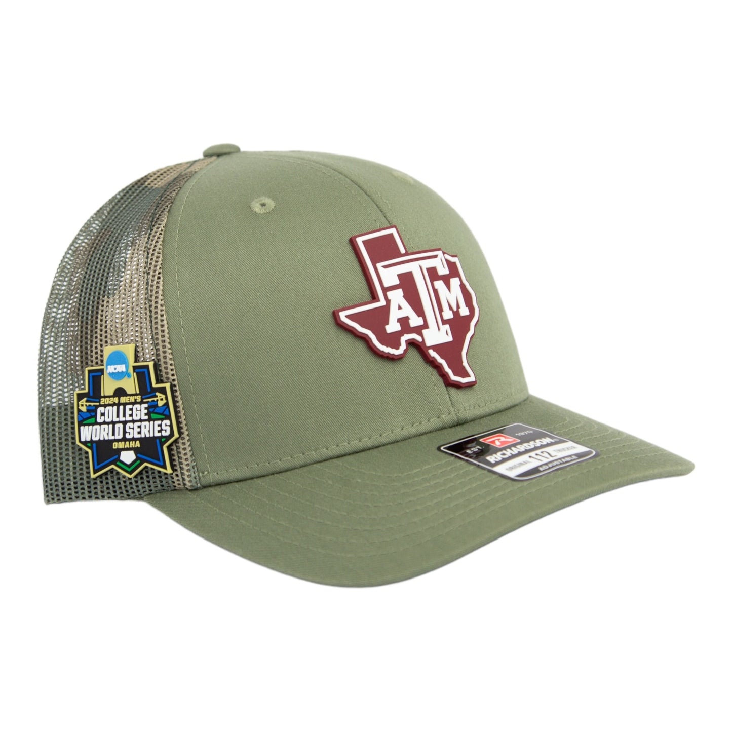 Texas A&M Aggies 2024 Men's College World Series 3D Snapback Trucker Hat- Loden/ Green Camo