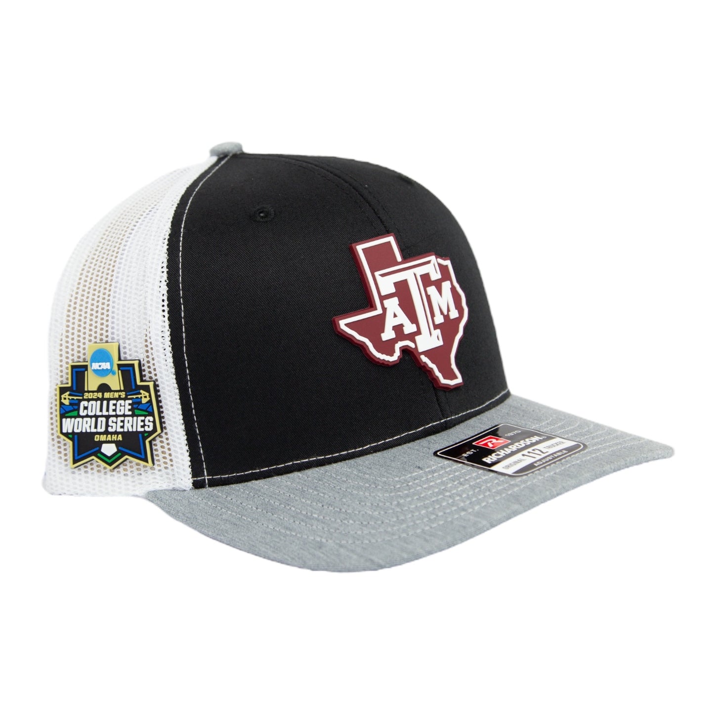 Texas A&M Aggies 2024 Men's College World Series 3D Snapback Trucker Hat- Black/ White/ Heather Grey