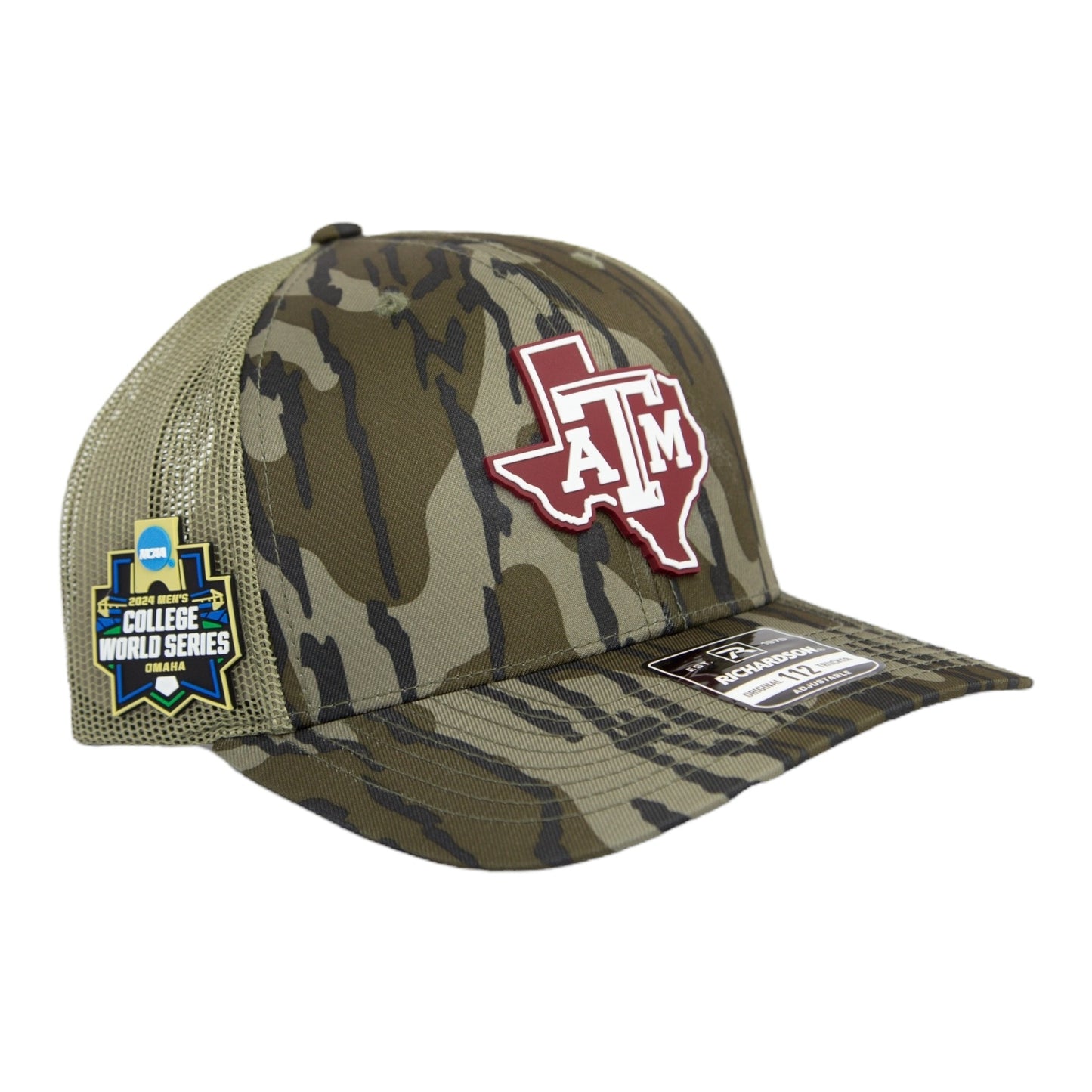 Texas A&M Aggies 2024 Men's College World Series 3D Snapback Trucker Hat- Mossy Oak Bottomland/ Loden