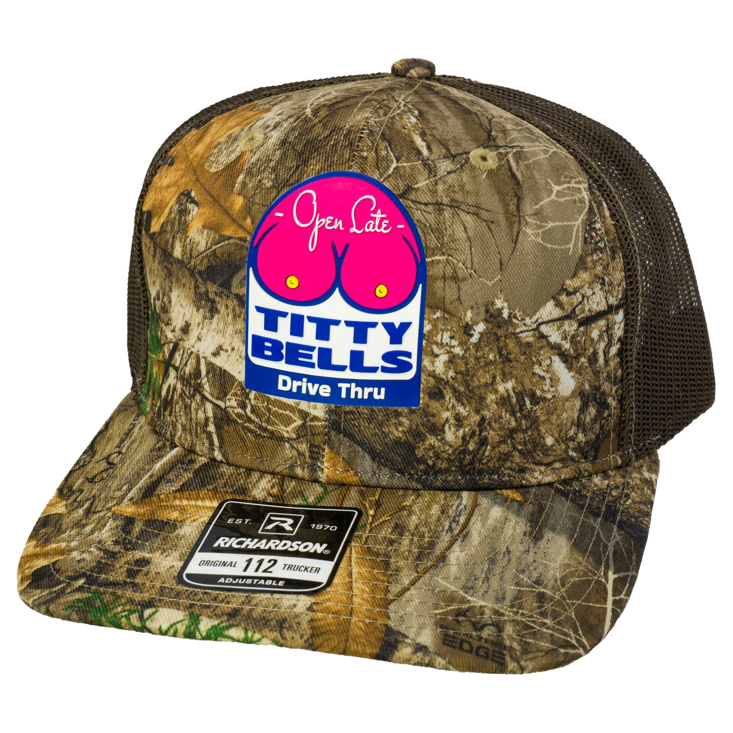 Titty Bells 3D Patterned Snapback Trucker Hat- Realtree Edge/ Brown - Ten Gallon Hat Co.