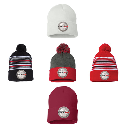 AT4 12 in Knit Pom-Pom Top Beanie- Dark Heather Grey/ Red - Ten Gallon Hat Co.