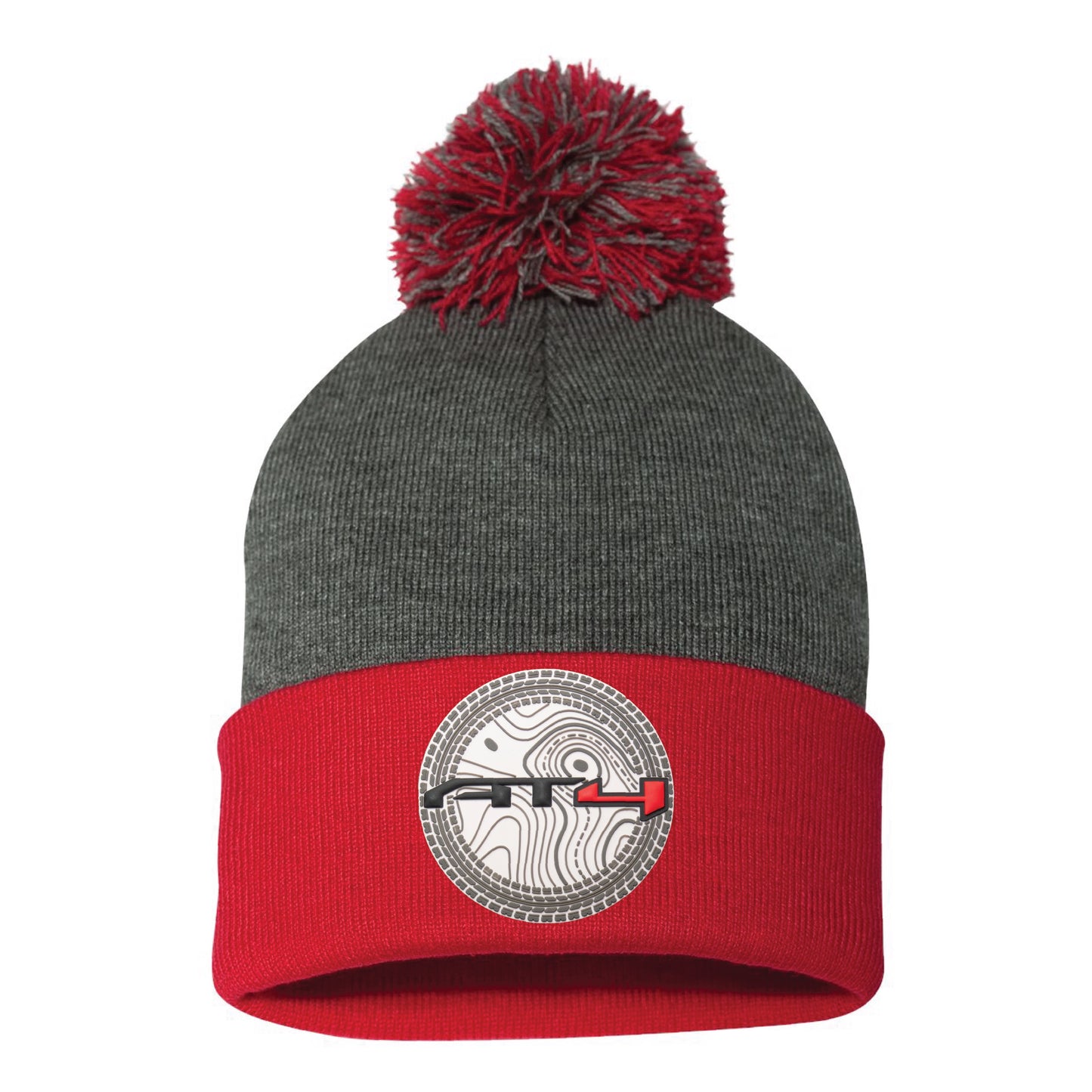 AT4 12 in Knit Pom-Pom Top Beanie- Dark Heather Grey/ Red - Ten Gallon Hat Co.