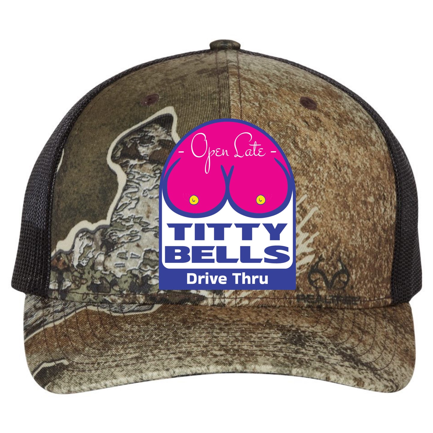 Titty Bells 3D Patterned Snapback Trucker Hat- Realtree Excape/ Black - Ten Gallon Hat Co.