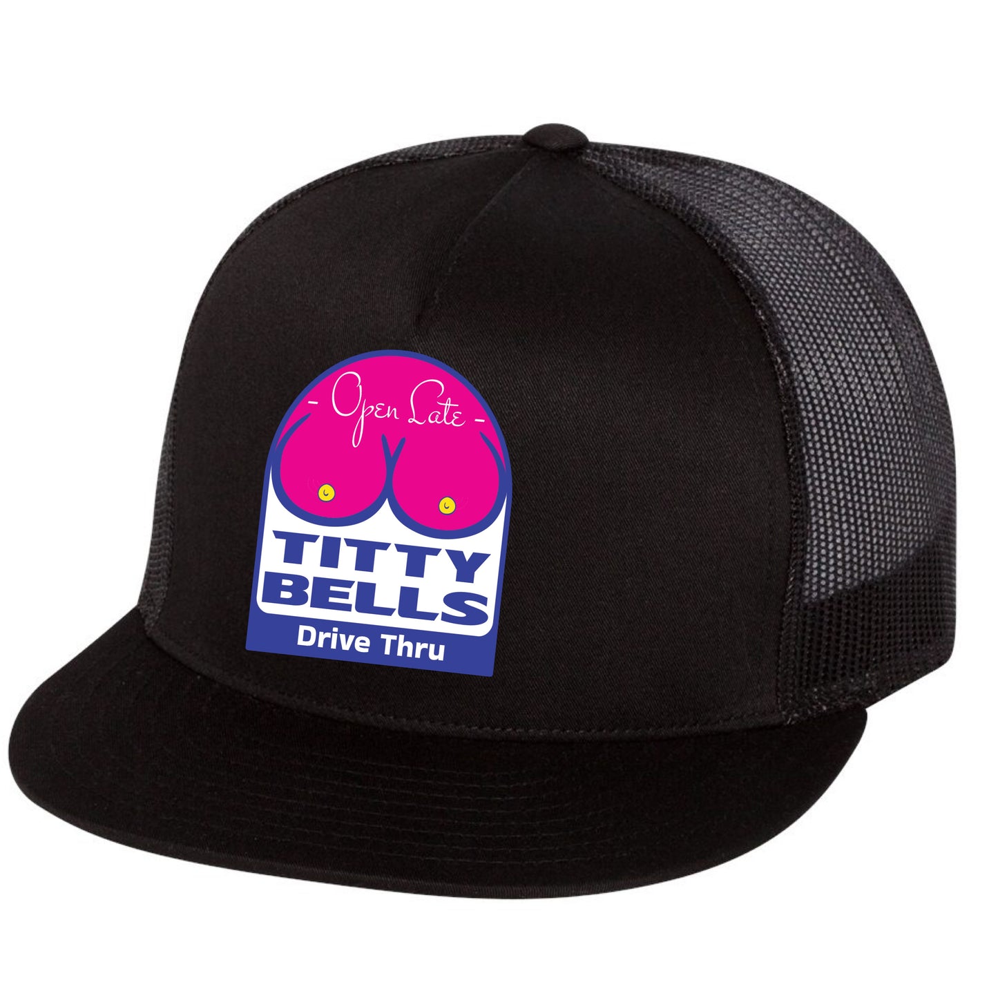 Titty Bells 3D YP Snapback Flat Bill Trucker Hat- Black - Ten Gallon Hat Co.