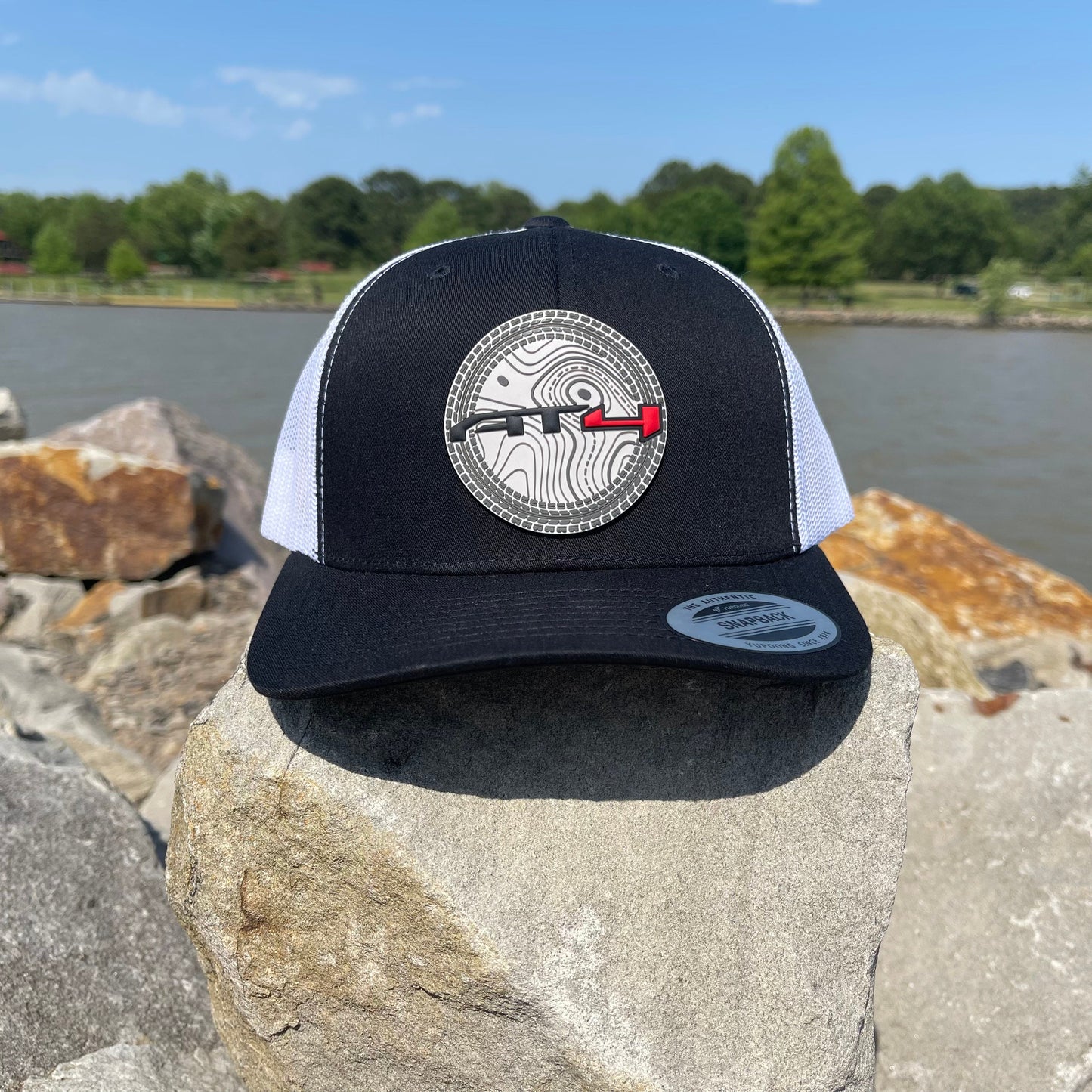 AT4 3D Topo YP Snapback Trucker Hat- Black/ White - Ten Gallon Hat Co.