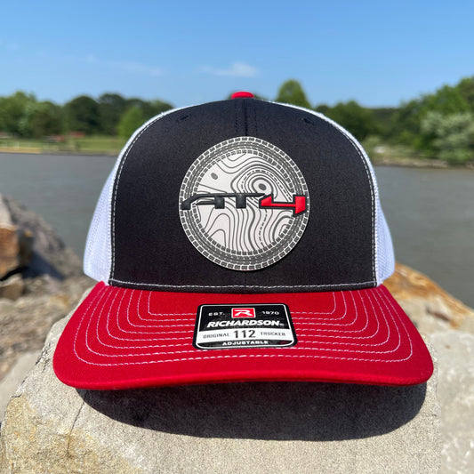 AT4 3D Topo Snapback Trucker Hat- Black/ White/ Red - Ten Gallon Hat Co.