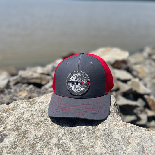 AT4 3D Topo Twill Back Trucker Hat- Charcoal/ Red - Ten Gallon Hat Co.