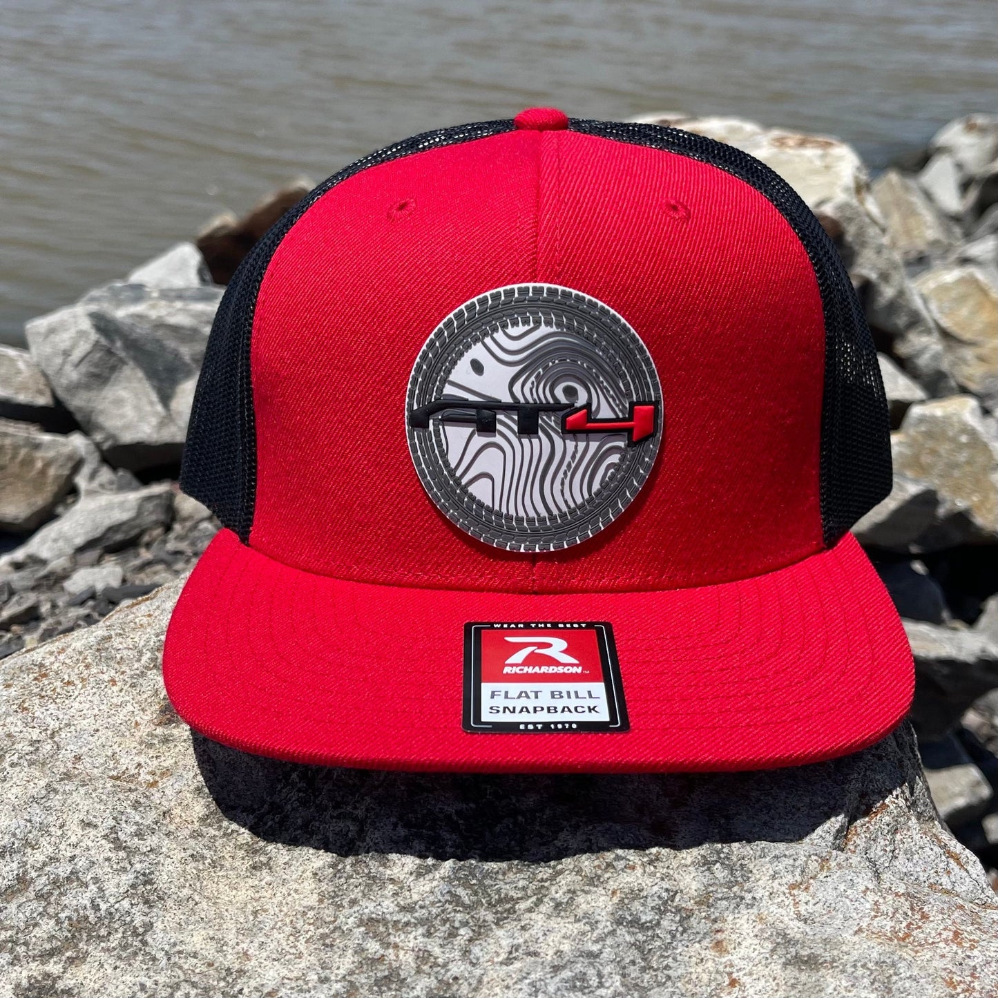 AT4 3D Topo Wool Blend Flat Bill Trucker Hat- Red/ Black - Ten Gallon Hat Co.