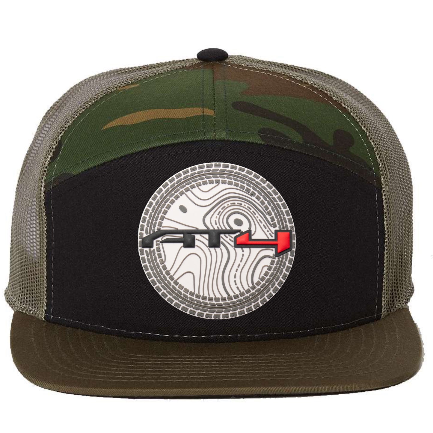 AT4 3D Snapback Seven-Panel Trucker Hat- Black/ Camo/ Loden - Ten Gallon Hat Co.