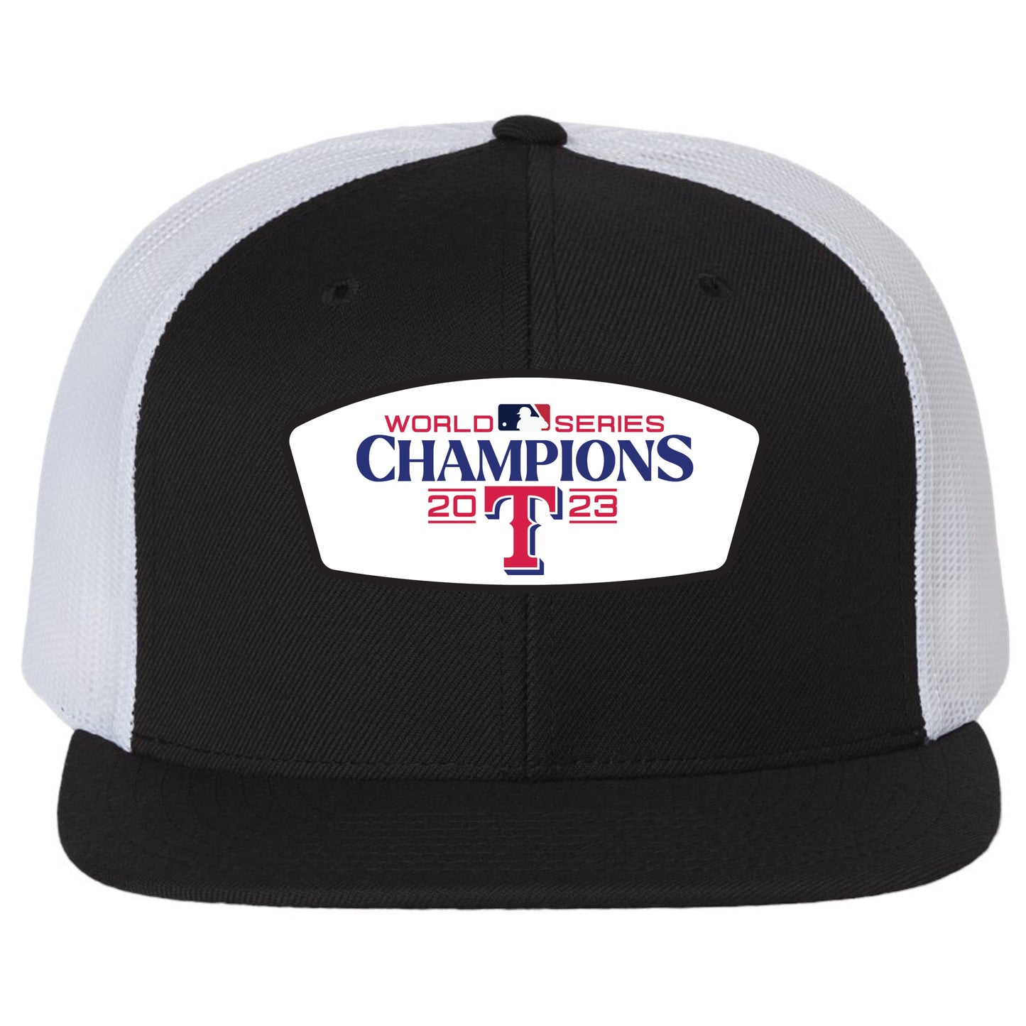 Texas Rangers 2023 World Series Champion 3D PVC Patch Wool Blend Flat Bill Hat- Black/ White - Ten Gallon Hat Co.