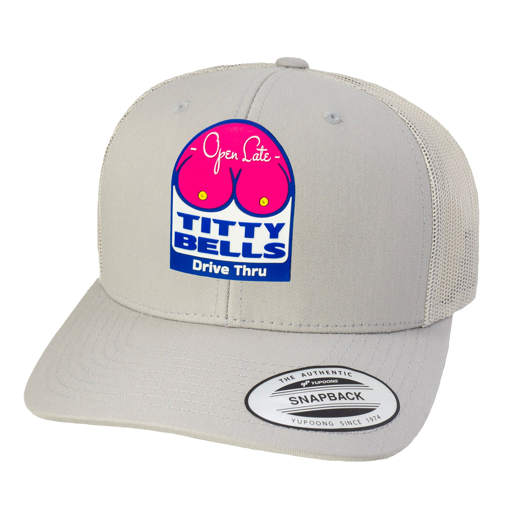 Titty Bells 3D Classic YP Snapback Trucker Hat- Silver - Ten Gallon Hat Co.