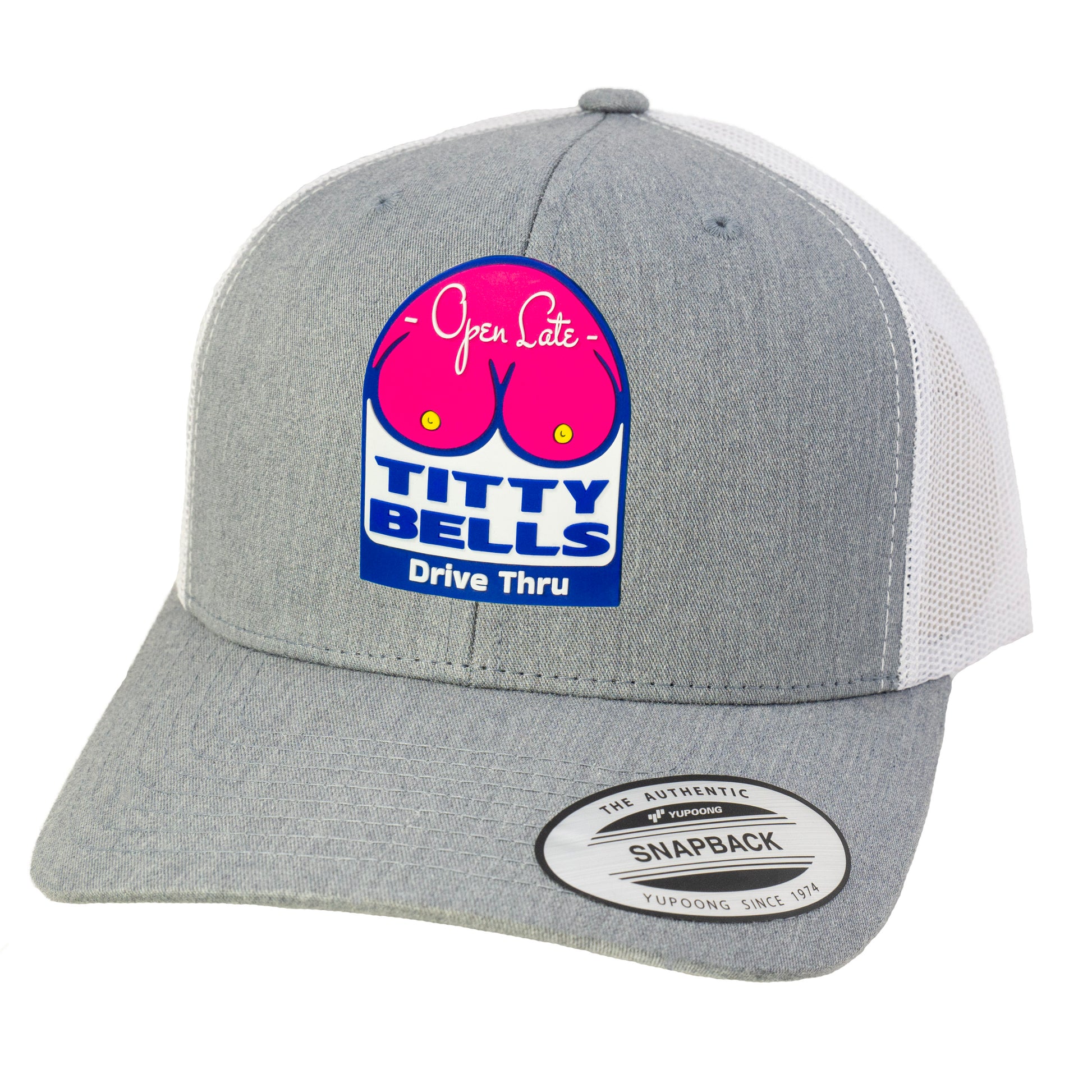 Titty Bells 3D YP Snapback Trucker Hat- Heather Grey/ White - Ten Gallon Hat Co.