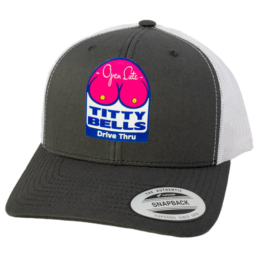 Titty Bells 3D YP Snapback Trucker Hat- Charcoal/ White - Ten Gallon Hat Co.