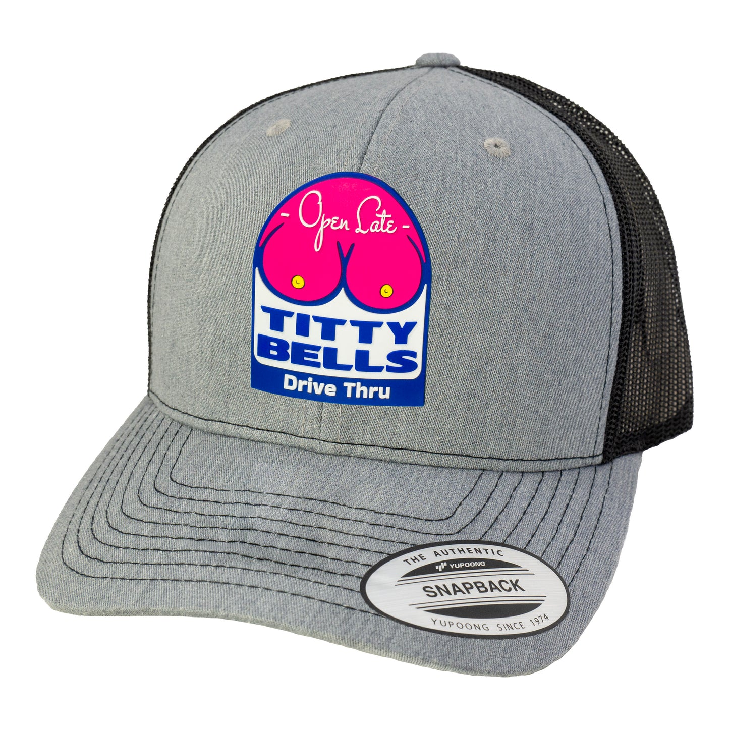 Titty Bells 3D YP Snapback Trucker Hat- Heather Grey/ Black - Ten Gallon Hat Co.