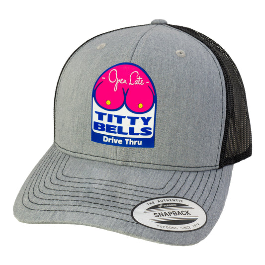 Titty Bells 3D YP Snapback Trucker Hat- Heather Grey/ Black - Ten Gallon Hat Co.