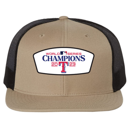 Texas Rangers 2023 World Series Champion 3D PVC Patch Wool Blend Flat Bill Hat- Khaki/ Black - Ten Gallon Hat Co.