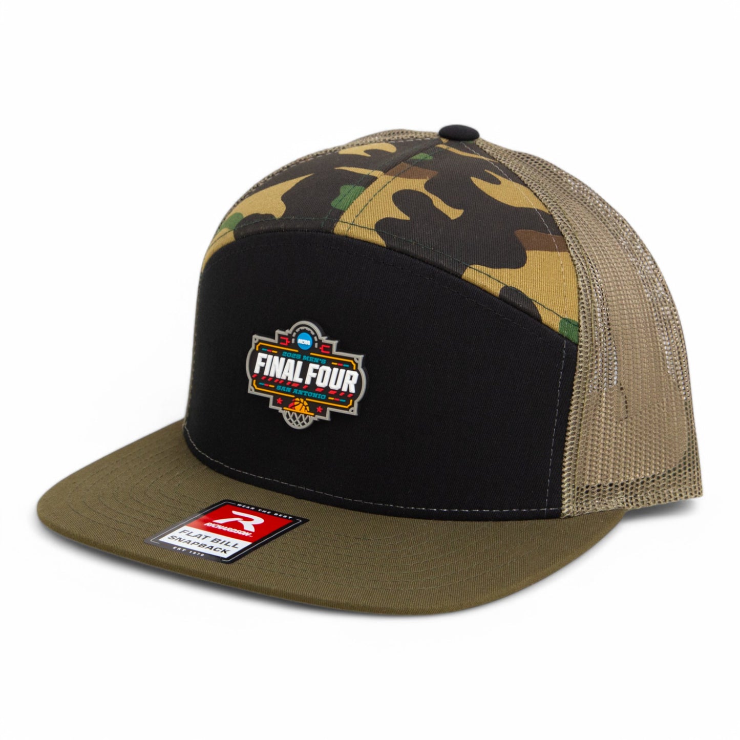 2025 March Madness Final Four 3D Snapback Seven-Panel Flat Bill Trucker Hat- Black/ Camo/ Loden