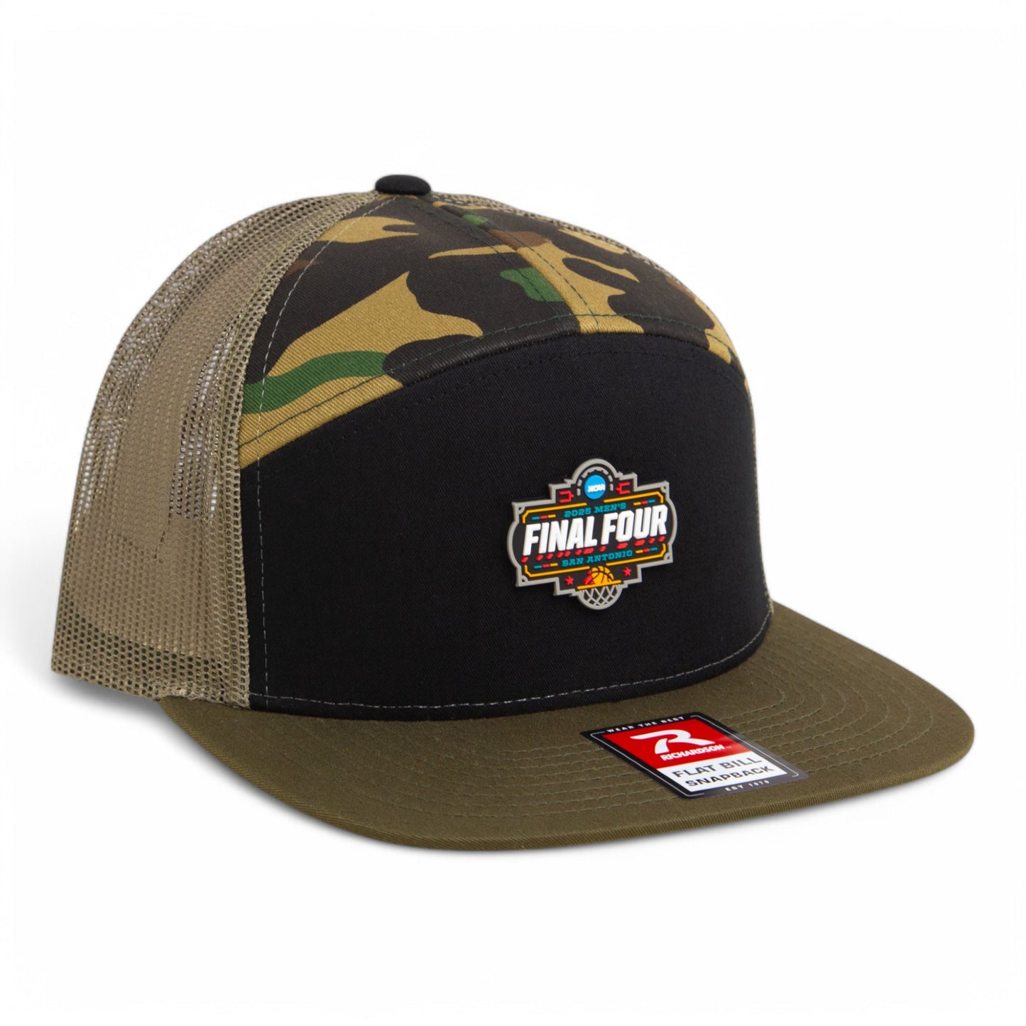 2025 March Madness Final Four 3D Snapback Seven-Panel Flat Bill Trucker Hat- Black/ Camo/ Loden