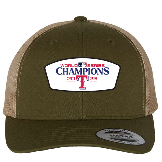 Texas Rangers 2023 World Series Champion 3D YP Snapback Trucker Hat- Moss/ Khaki - Ten Gallon Hat Co.