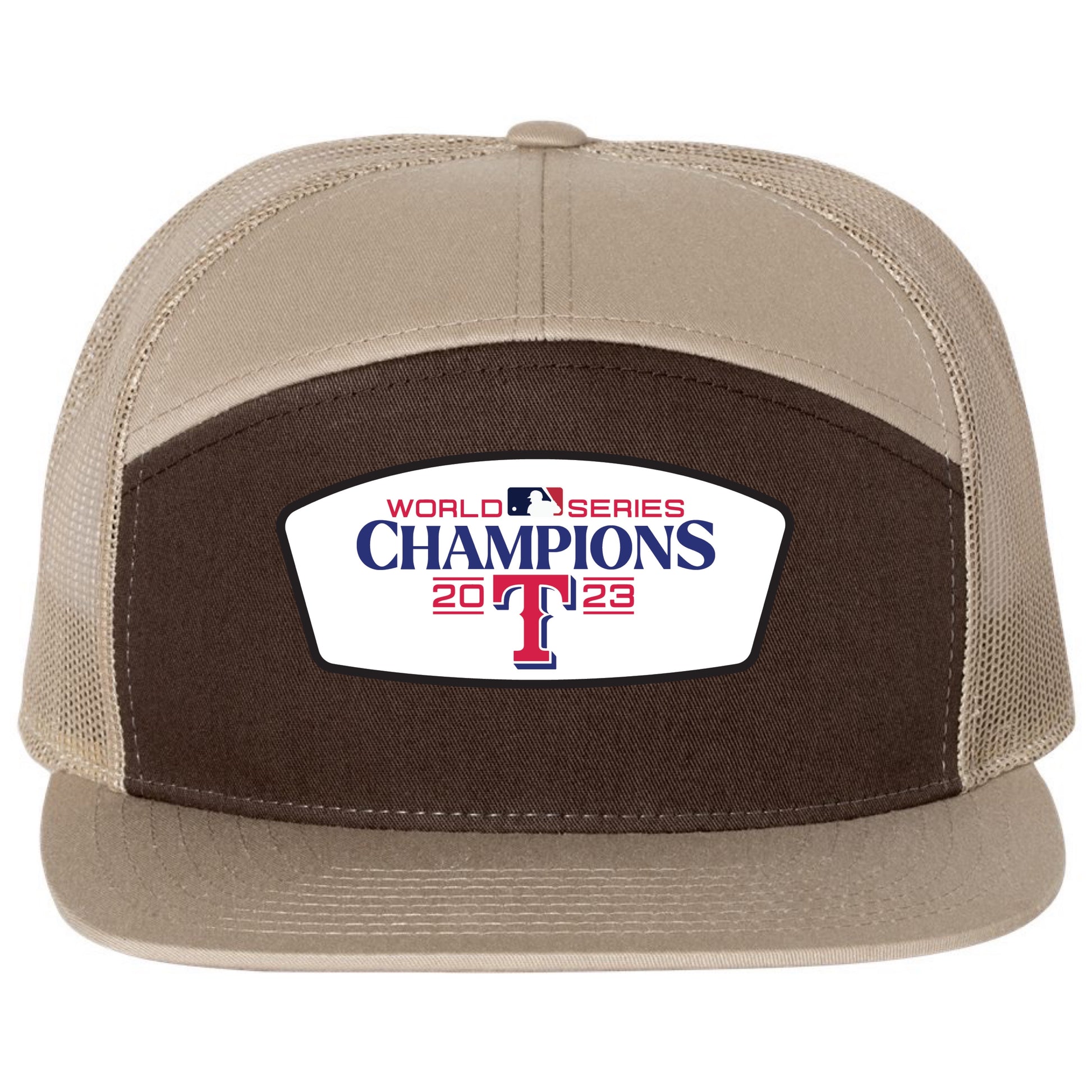 Texas Rangers 2023 World Series Champion 3D Seven-Panel Trucker Hat- Brown/ Khaki - Ten Gallon Hat Co.