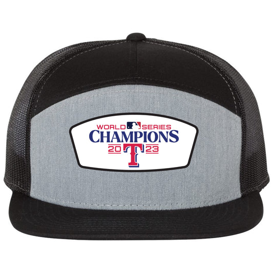 Texas Rangers 2023 World Series Champion 3D Seven-Panel Trucker Hat- Heather Grey/ Black - Ten Gallon Hat Co.