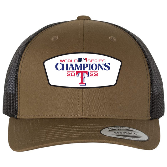 Texas Rangers 2023 World Series Champion 3D YP Snapback Trucker Hat- Coyote Brown/ Black - Ten Gallon Hat Co.