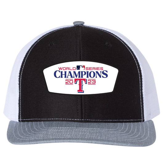 Texas Rangers 2023 World Series Champion 3D Snapback Trucker Hat- Black/ White/ Heather Grey - Ten Gallon Hat Co.