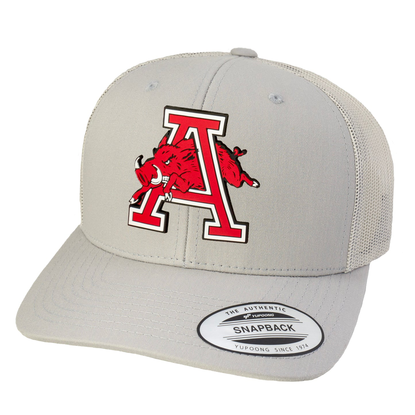 Arkansas Razorbacks Jumping Hog Classic YP Snapback Trucker Hat- Silver - Ten Gallon Hat Co.