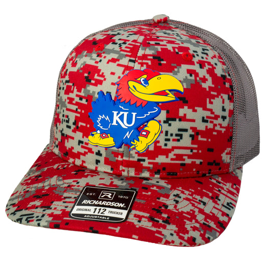 Kansas Jayhawks 3D Patterned Snapback Trucker Hat- Red Digital Camo - Ten Gallon Hat Co.