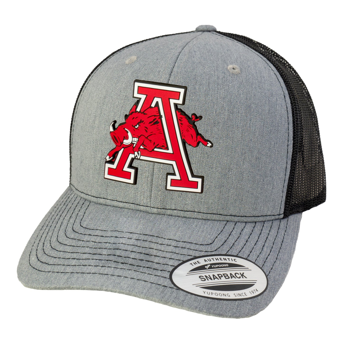 Arkansas Razorbacks Jumping Hog Classic YP Snapback Trucker Hat- Heather Grey/ Black - Ten Gallon Hat Co.