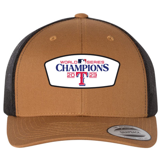 Texas Rangers 2023 World Series Champion 3D YP Snapback Trucker Hat- Caramel/ Black - Ten Gallon Hat Co.