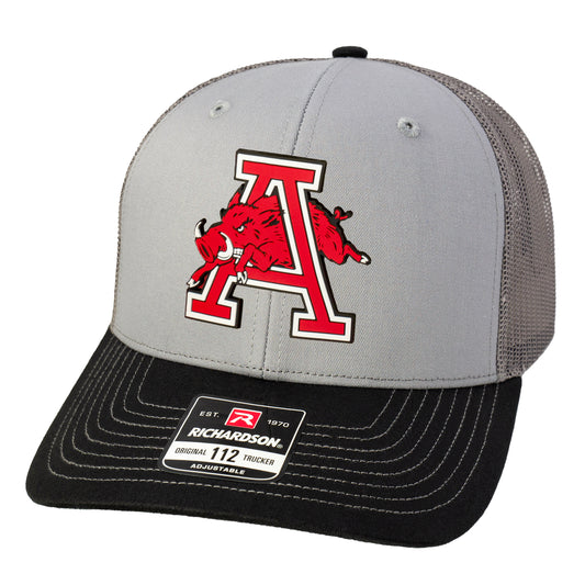 Arkansas Razorbacks Jumping Hog  3D Snapback Trucker Hat- Grey/ Charcoal/ Black - Ten Gallon Hat Co.