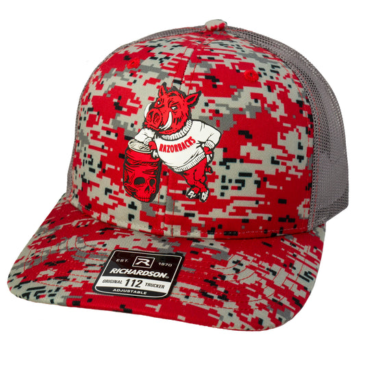 Arkansas Razorbacks- Skull Crushers 3D Patterned Snapback Trucker Hat- Red Digital Camo - Ten Gallon Hat Co.