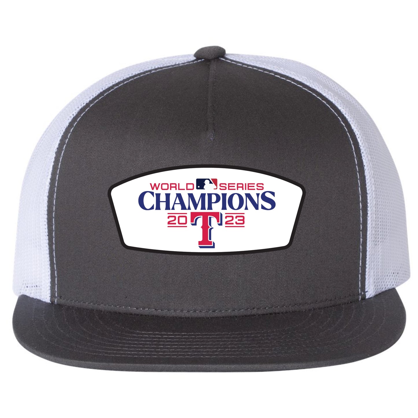 Texas Rangers 2023 World Series Champion 3D YP Snapback Flat Bill Trucker Hat- Charcoal/ White - Ten Gallon Hat Co.