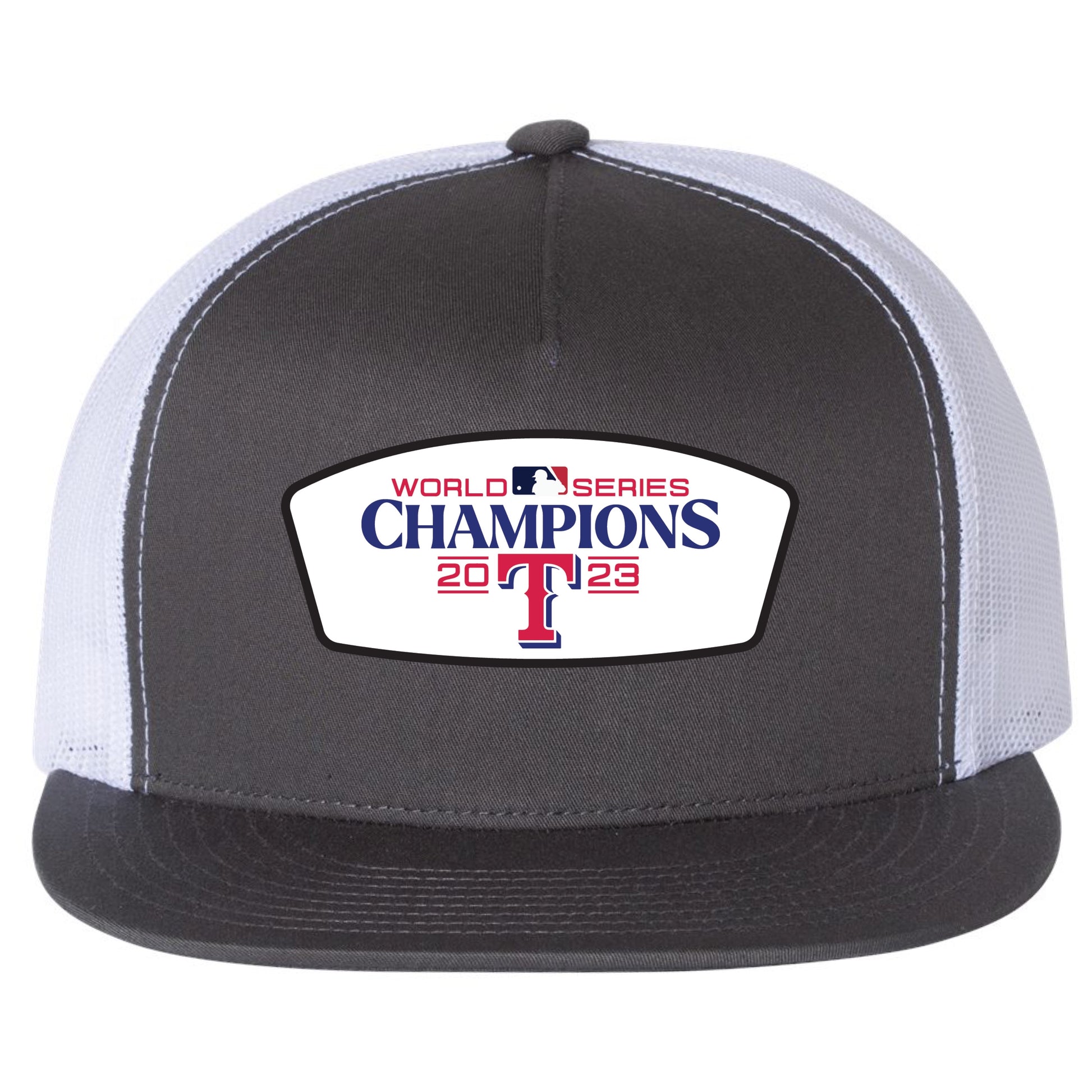 Texas Rangers 2023 World Series Champion 3D YP Snapback Flat Bill Trucker Hat- Charcoal/ White - Ten Gallon Hat Co.