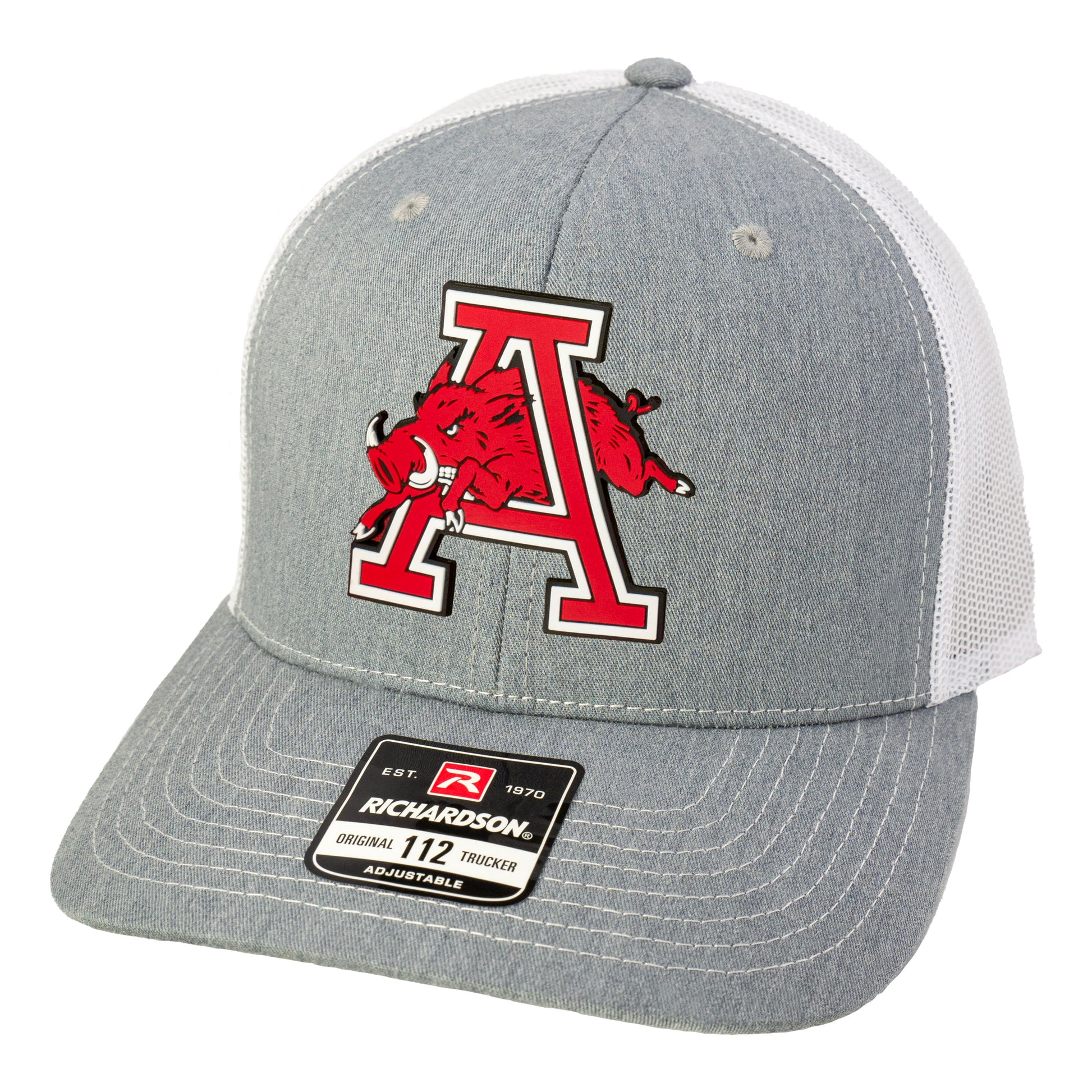 Arkansas Razorbacks Jumping Hog 3D PVC Patch Hat- Heather Grey/ White - Ten Gallon Hat Co.