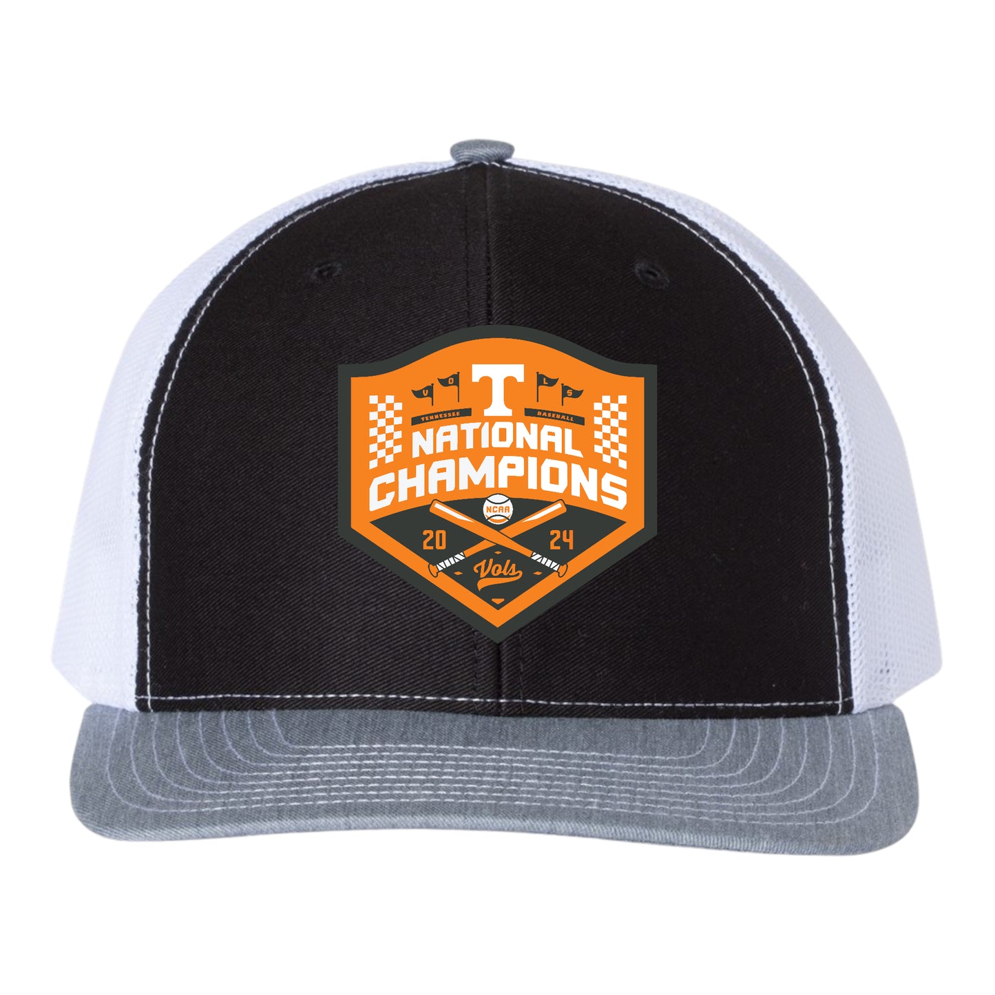 Tennessee Volunteers 2024 Men's College World Series Champions 3D Snapback Trucker Hat- Black/ White/ Heather Grey