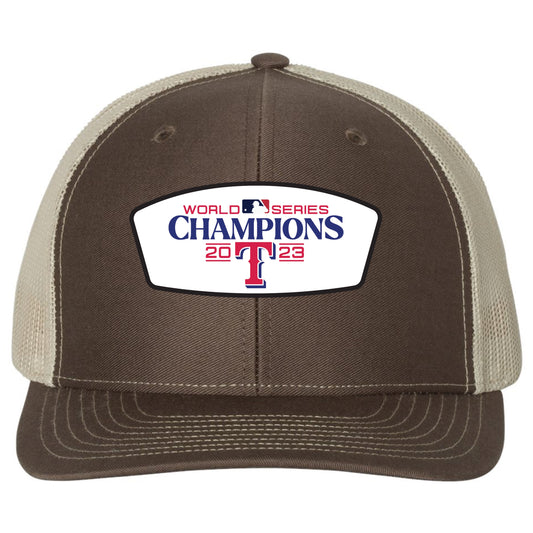 Texas Rangers 2023 World Series Champion 3D YP Snapback Trucker Hat- Brown/ Tan - Ten Gallon Hat Co.