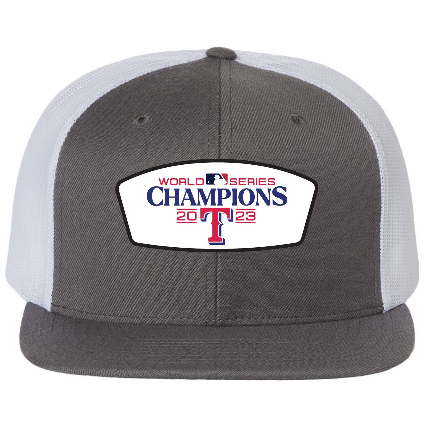 Texas Rangers 2023 World Series Champion 3D PVC Patch Wool Blend Flat Bill Hat- Charcoal/ White - Ten Gallon Hat Co.