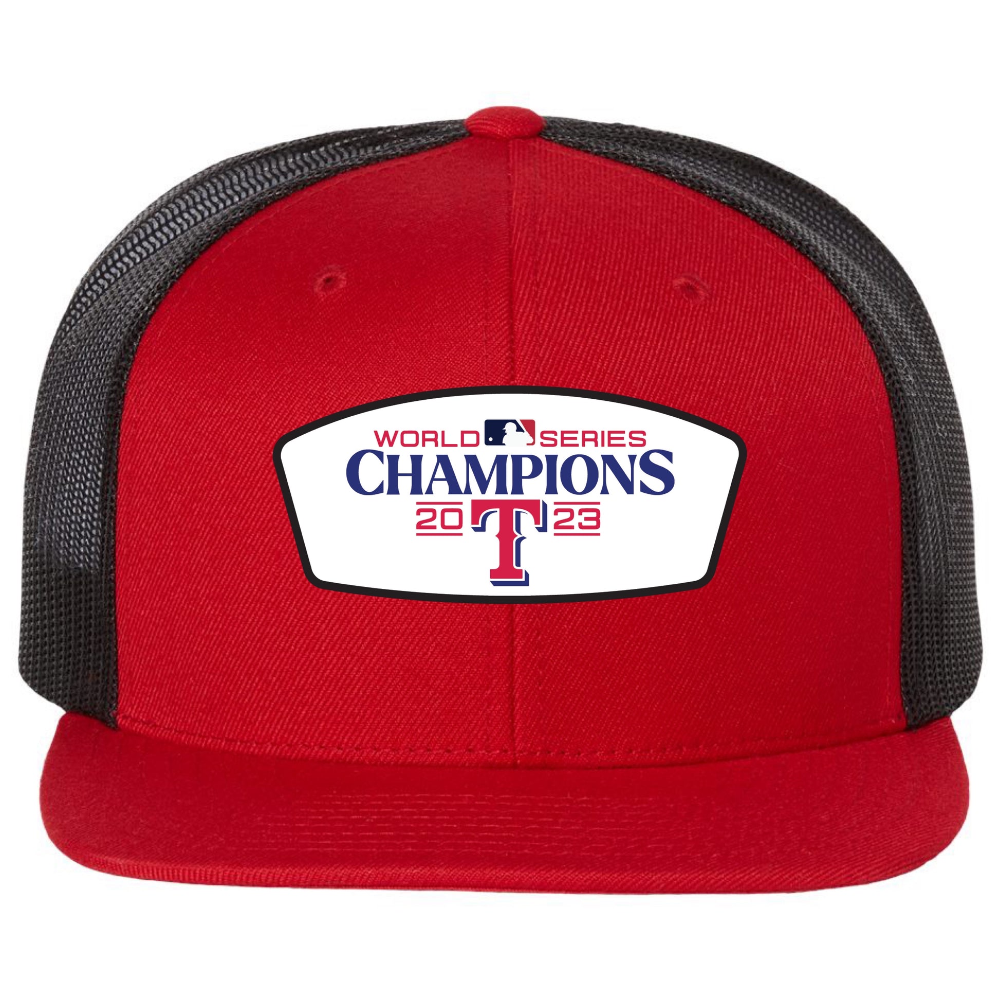 Texas Rangers 2023 World Series Champion 3D PVC Patch Wool Blend Flat Bill Hat- Red/ Black - Ten Gallon Hat Co.