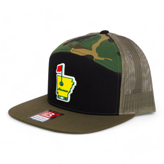 Arkansas Masters Golf 3D Snapback Seven-Panel Flat Bill Trucker Hat- Black/ Camo/ Loden