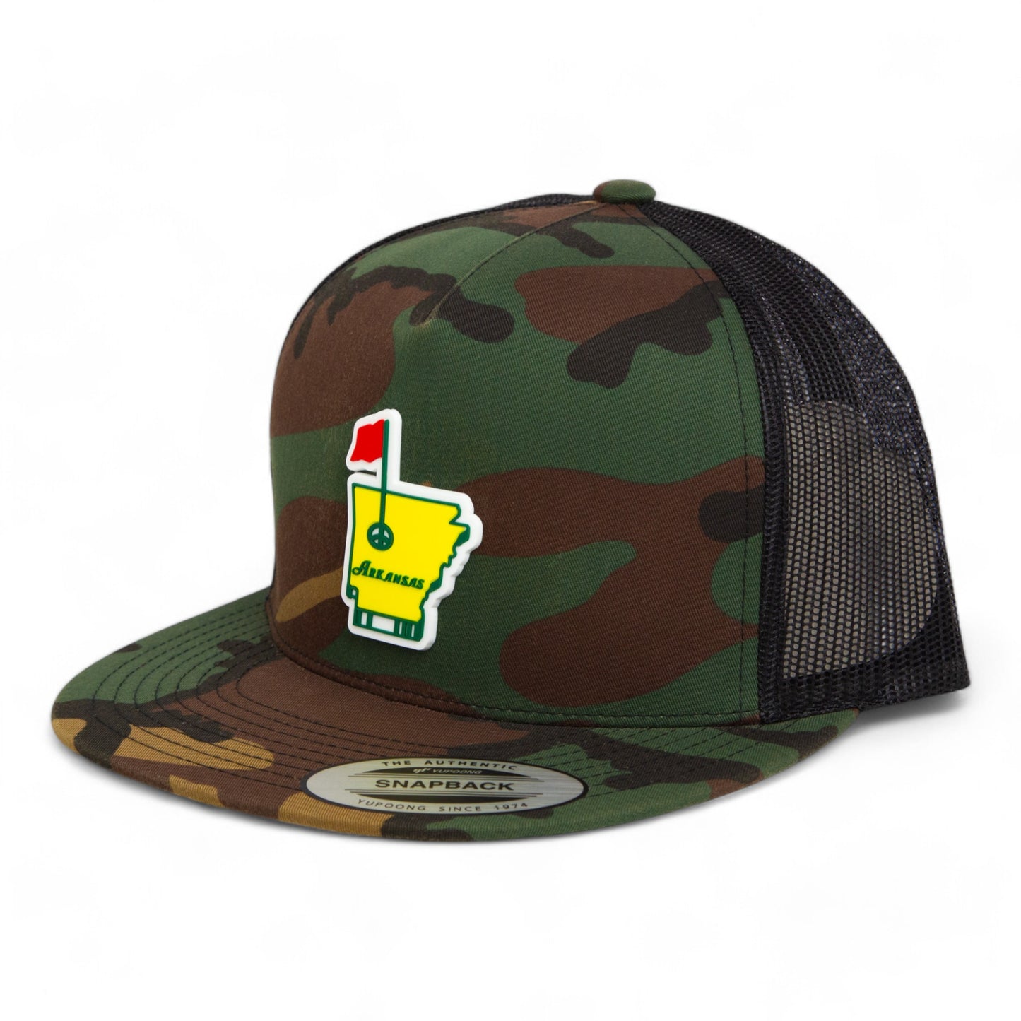 Arkansas Masters Golf 3D YP Snapback Flat Bill Trucker Hat- Army Camo/ Black