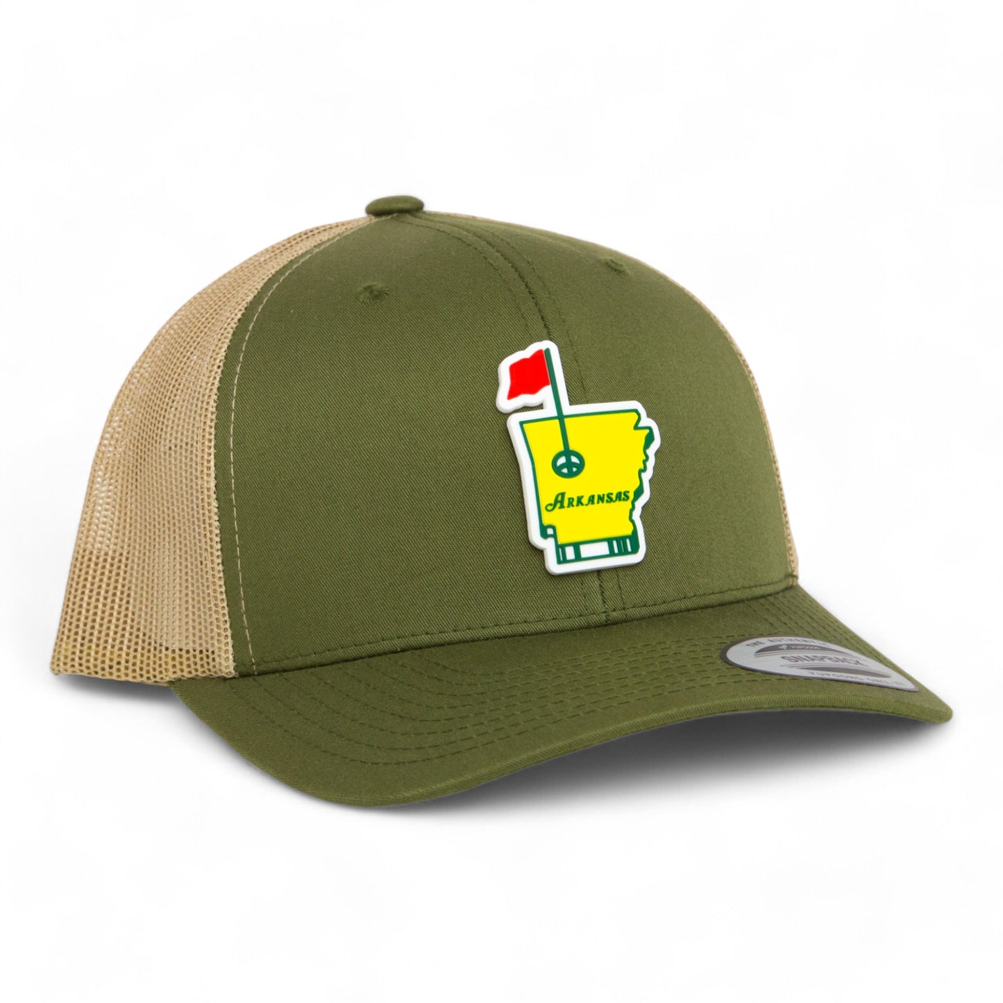 Arkansas Masters Golf 3D YP Snapback Trucker Hat- Moss/ Tan