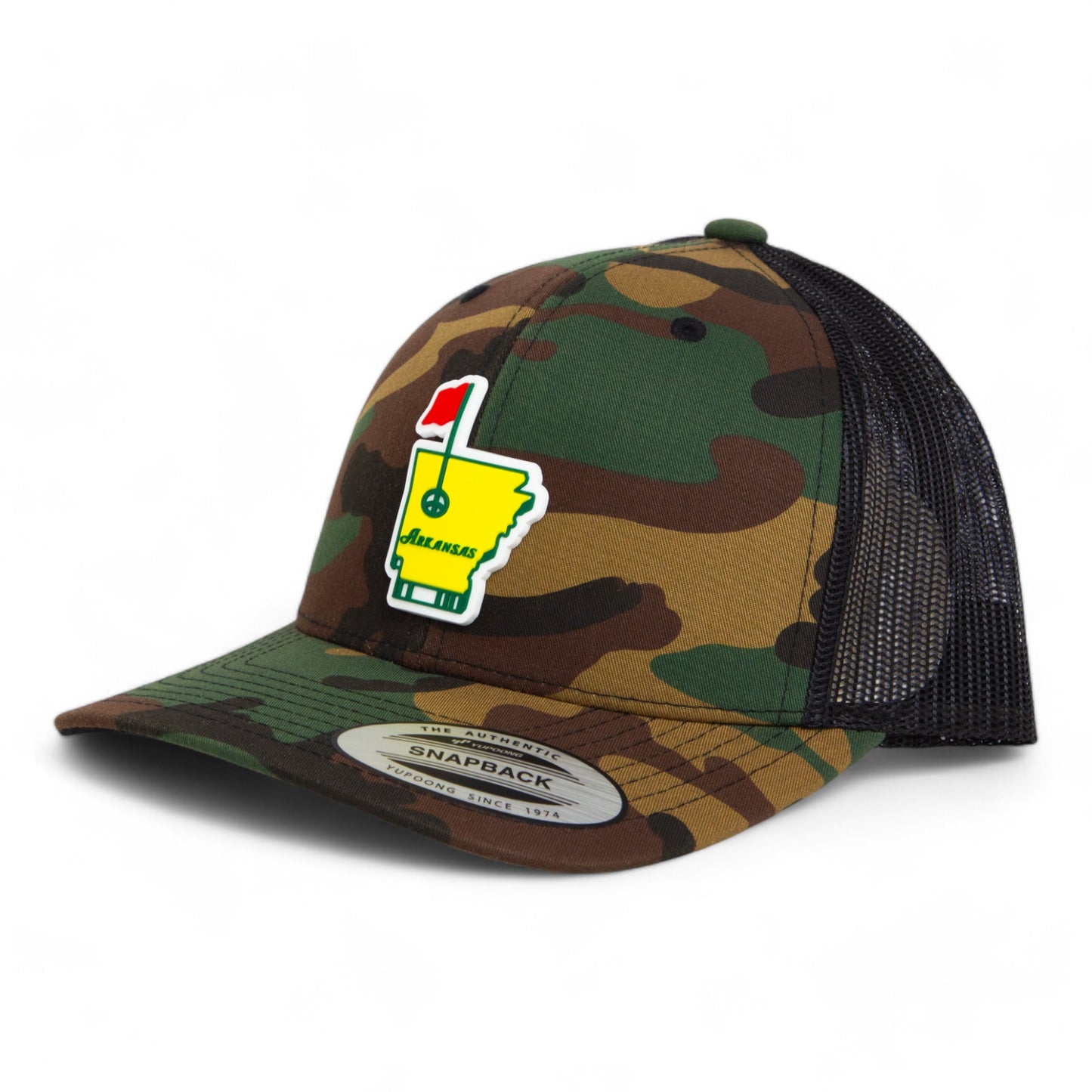 Arkansas Masters Golf 3D YP Snapback Trucker Hat- Army Camo/ Black