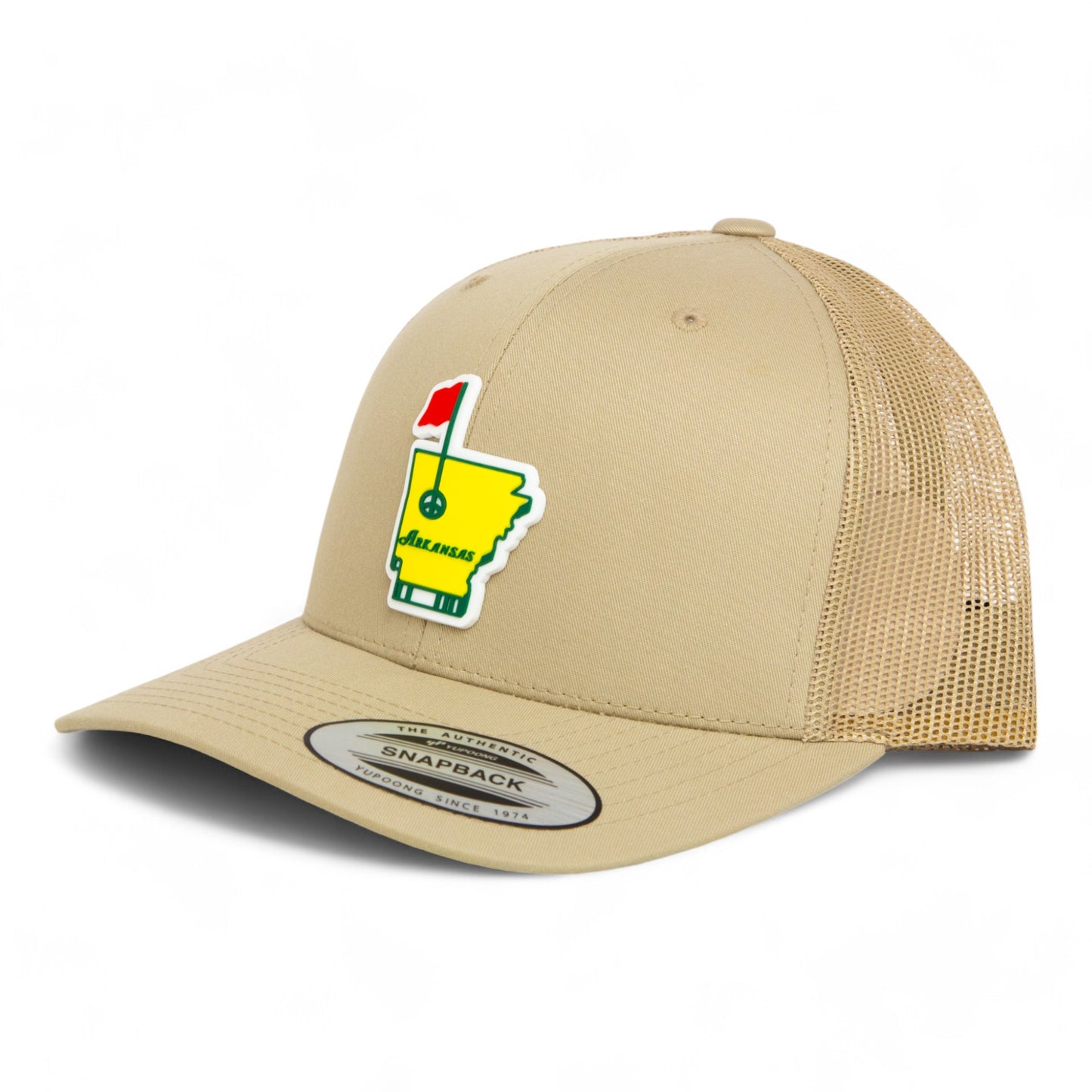 Arkansas Masters Golf 3D YP Snapback Trucker Hat- Tan