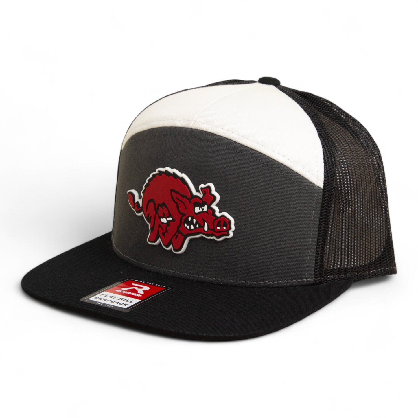 Arkansas Razorbacks 1970’s Classic 3D Snapback Seven-Panel Flat Bill Trucker Hat- Charcoal/ White/ Black