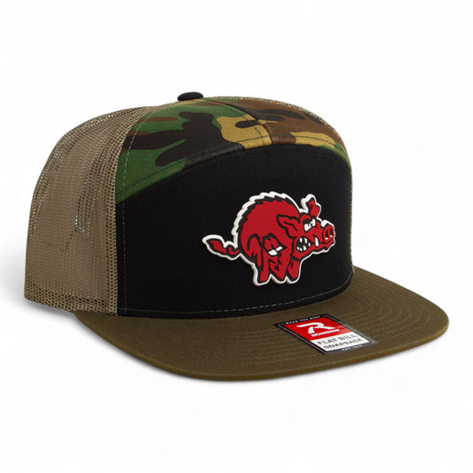 Arkansas Razorbacks 1970’s Classic 3D Snapback Seven-Panel Flat Bill Trucker Hat- Black/ Loden/ Camo