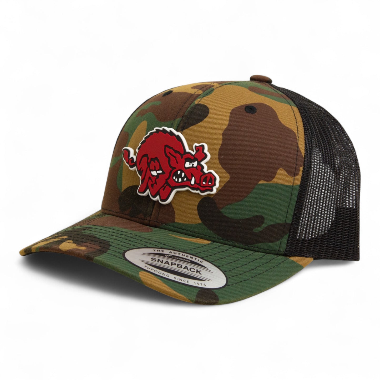 Arkansas Razorbacks 1970’s Classic 3D YP Snapback Trucker Hat- Army Camo/ Black