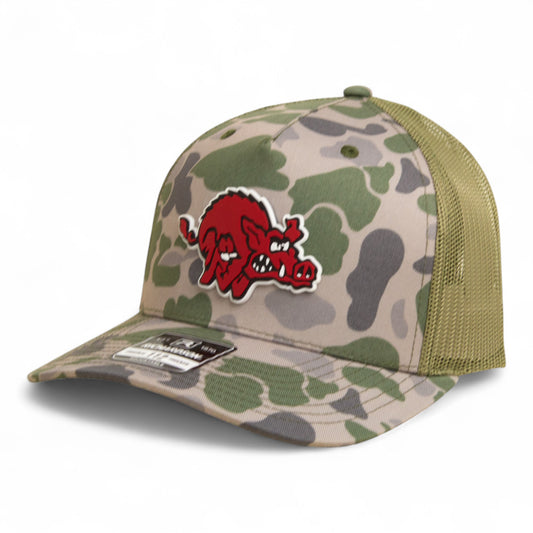 Arkansas Razorbacks 1970’s Classic 3D Snapback Trucker Hat- Marsh Duck Camo/ Loden